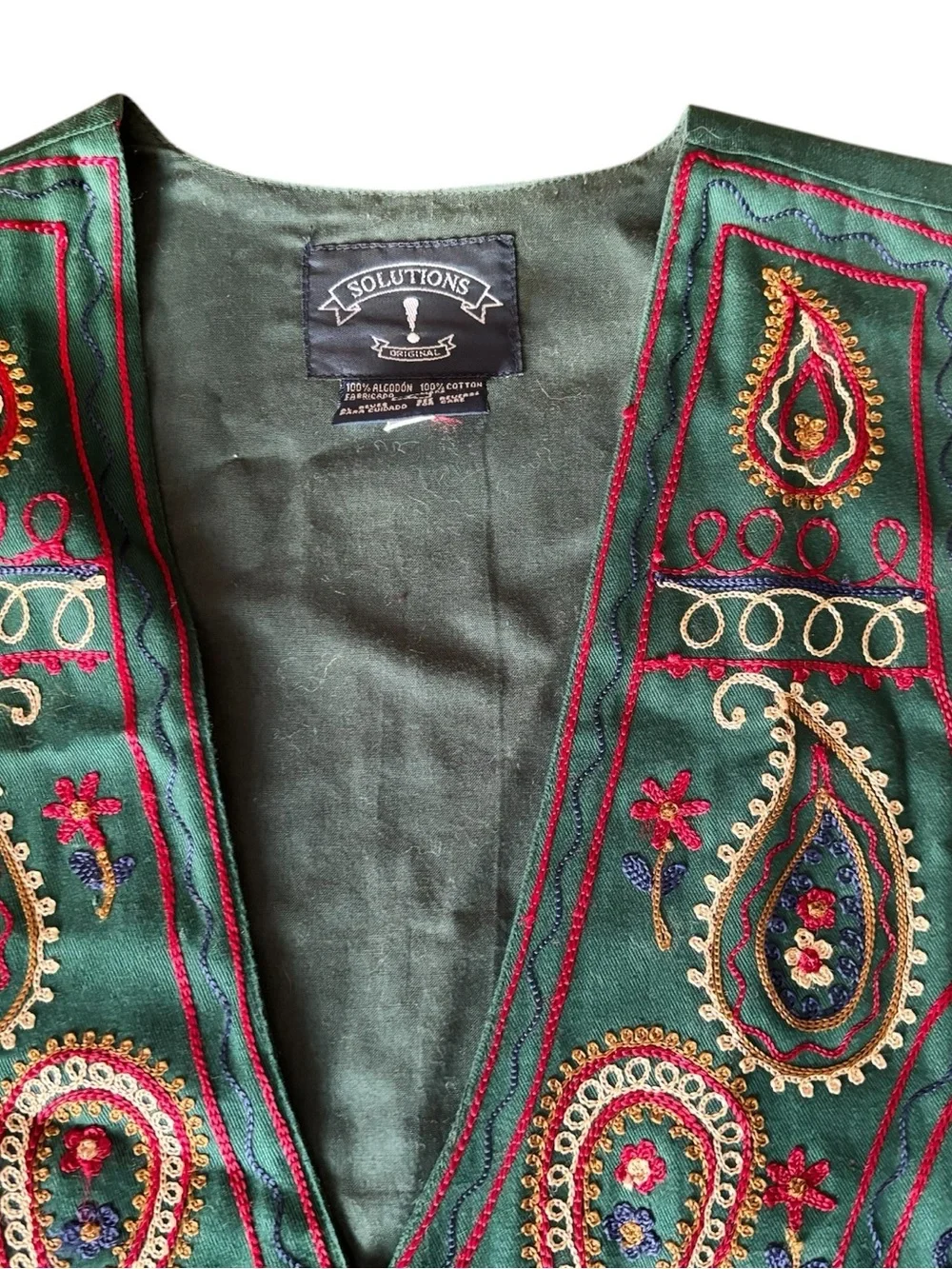 Vintage 90s Embroidered Green Paisley Women's Vest - Bohemian Button-Front